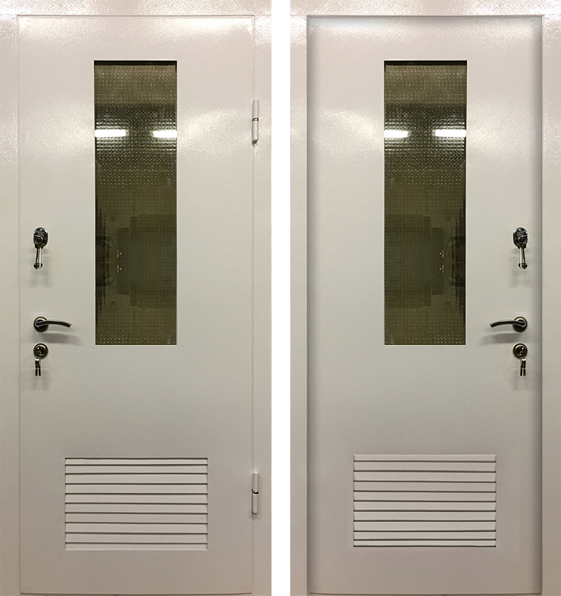 Входная дверь для газовой котельной ЛД-491 белая c решеткой и стеклом